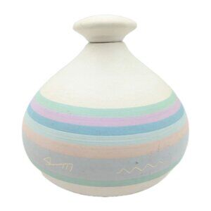Southwest Etched Pottery lidded Vase pastel color etched signed 5.6"
